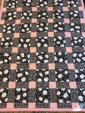 Handmade Pink and Black Lamb Floral Baby Quilt